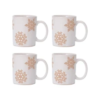 Hello Honey® 3.75" White & Orange Round Stoneware Snowflake Mugs, 4ct.