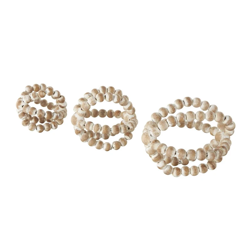 Whitewashed Brown Beaded Knot Wood Sculpture Set