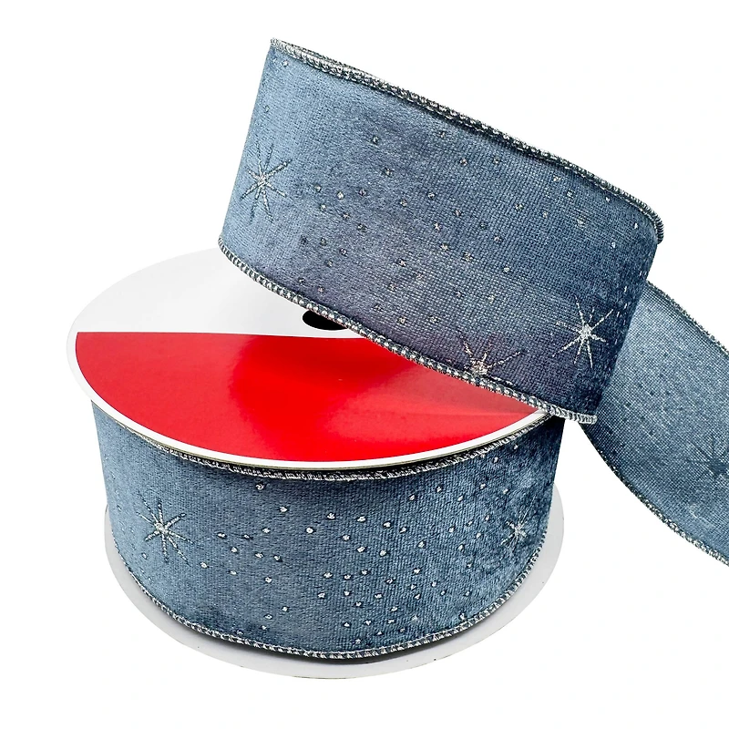 2.5" x 80ft. Silver Starburst on Navy Wired Velvet Jumbo Ribbon by Celebrate It®