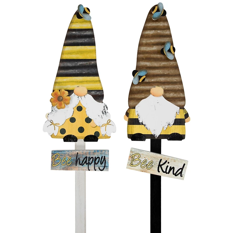 24" Bee Gnomes Wooden Garden Stake Set