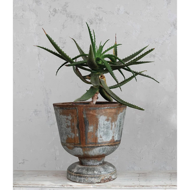 Hello Honey® 16" Zinc Round Metal Footed Planter with Distressed Finish