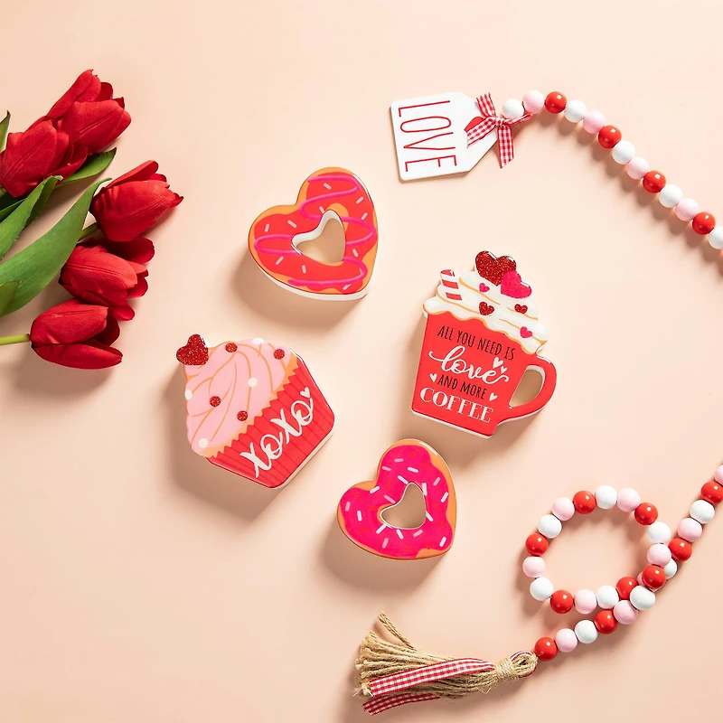 Glitzhome® Valentine's Wooden Cup Cakes & Heart Table Décor Set