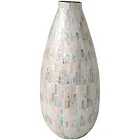 19" White Mother of Pearl Handmade Mosaic Inspired Vase with Pastel Blue & Pink Accents