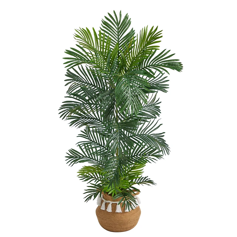 5ft. Areca Artificial Palm Tree in Boho Chic Handmade Natural Cotton Woven Planter with Tassels UV Resistant (Indoor/Outdoor)