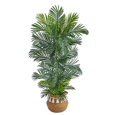 5ft. Areca Artificial Palm Tree in Boho Chic Handmade Natural Cotton Woven Planter with Tassels UV Resistant (Indoor/Outdoor)