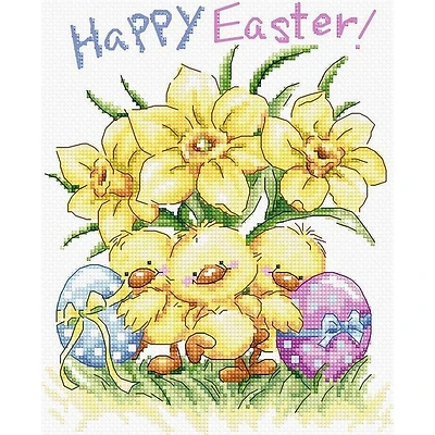 LetiStitch Three Chicks with Daffodils & Egg Counted Cross Stitch Kit