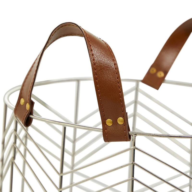 CosmoLiving by Cosmopolitan Silver Metal Storage Basket with Faux Leather Handles Set of 3 16", 14", 12"