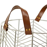 CosmoLiving by Cosmopolitan Silver Metal Storage Basket with Faux Leather Handles Set of 3 16", 14", 12"