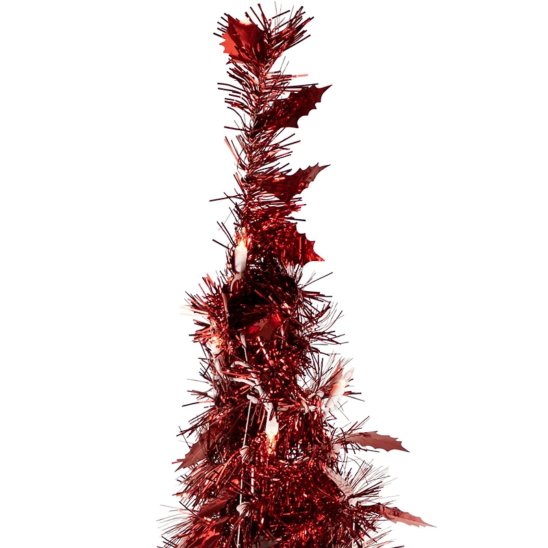 6ft. Pre-Lit Red Tinsel Artificial Pop-Up Christmas Tree, Clear Lights