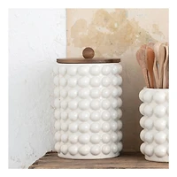 Hello Honey® White Raised Dots Stoneware Canister with Acacia Wood Lid