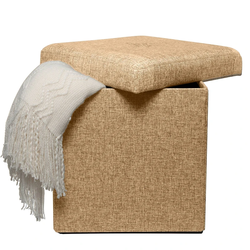 Simplify 15" Faux Linen Folding Storage Ottoman Cube