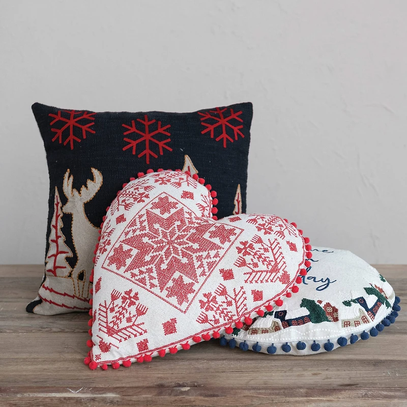 Hello Honey® 17" Red & Natural Embroidered Heart-Shaped Throw Pillow with Pom Pom Trim
