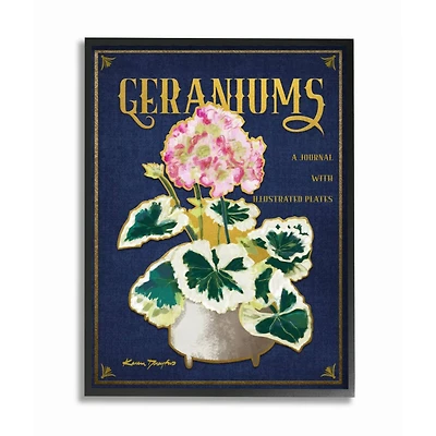 Stupell Industries Geraniums Blue Gold Flower Word Design in Black Frame Wall Art