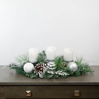 30" Green Pine & Needle Triple Candle Holder with Pinecones & Christmas Ornaments