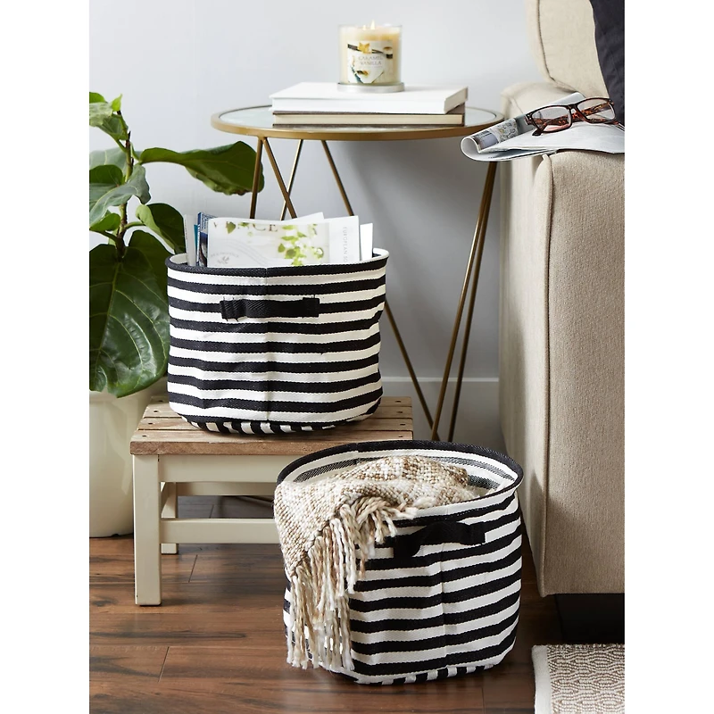 DII® Medium Round Stripes PE-Coated Herringbone Woven Cotton Laundry Bin
