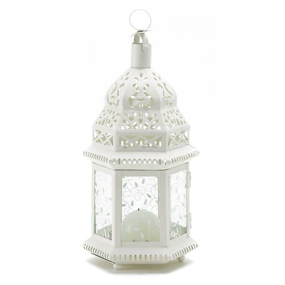 12" White Moroccan Style Hanging Candle Lantern with Etched Floral Glass