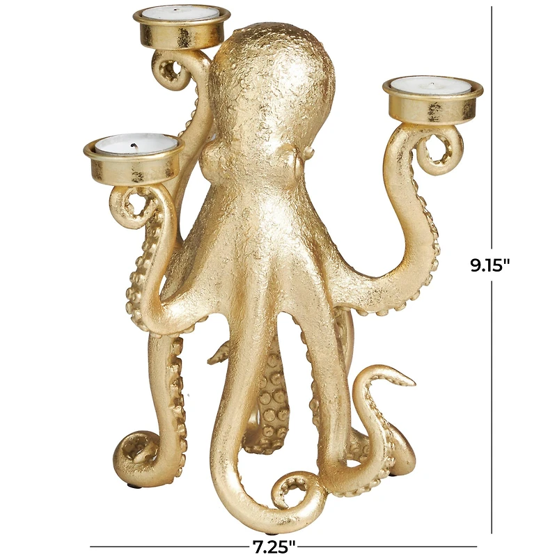 9" Gold Polystone Textured Octopus Candelabra with Tentacle Candle Slots