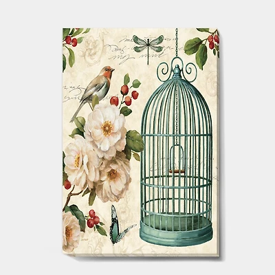 Designart - Blue Cottage Bird, Birdcage and Apple Blossoms II