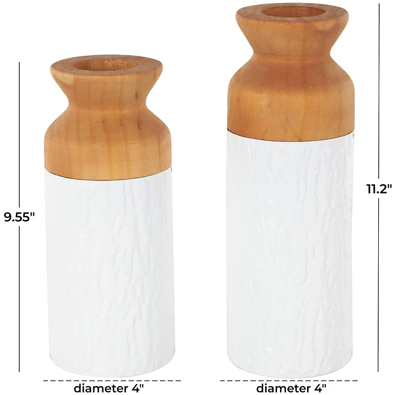Brown & White Textured Metal & Wood Vase Set