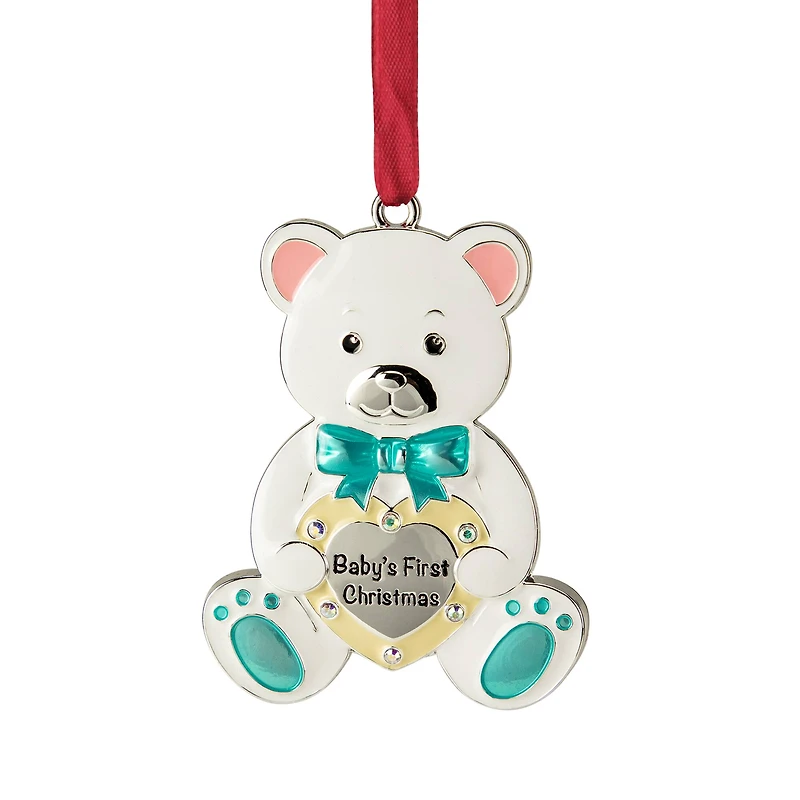 3" Pastel & Silver Plated Bear Baby's First Christmas Ornament with European Crystals