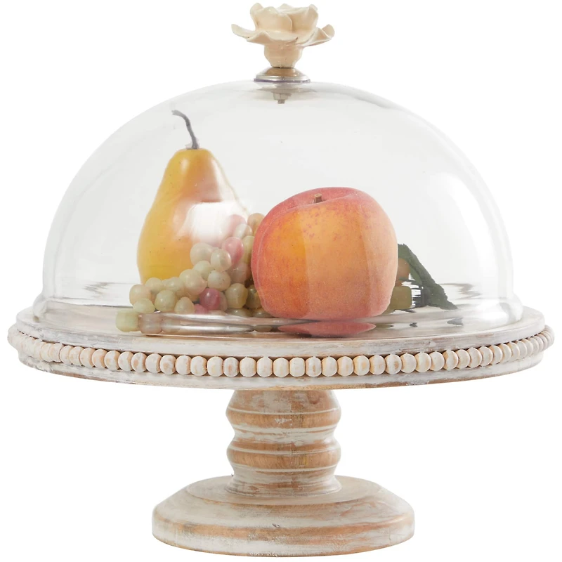 12.25" Cream Wood Cake Stand with Glass Dome Tabletop Décor