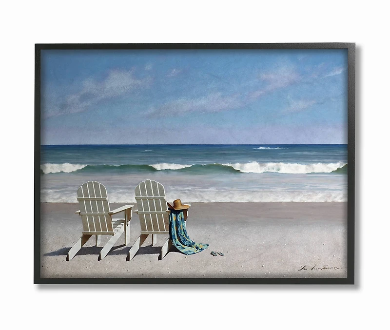 Stupell Industries Adirondack Chairs on the Beach Black Framed Wall Print