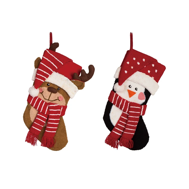 Glitzhome® 18.9" 3D Penguin & Reindeer Hooked Stockings, 2ct.