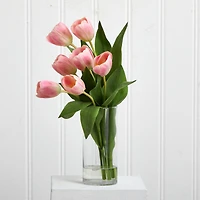 16" Pink Tulip Arrangement In Cylinder Vase