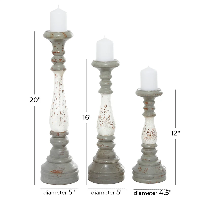 20" White & Gray Wood Farmhouse Candlestick Holder Set