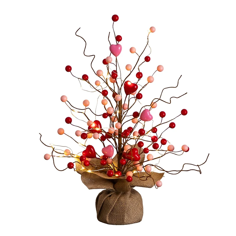 18in. Pre-Lit Artificial Valentine's Day Heart & Berry Twig Tree with 30 LED String Lights in Burlap Wrapped Base