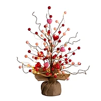 18in. Pre-Lit Artificial Valentine's Day Heart & Berry Twig Tree with 30 LED String Lights in Burlap Wrapped Base