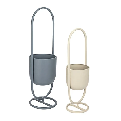 Hello Honey® Matte Gray & Sand Metal Floor Planter Set Hanging on Stands