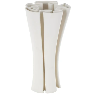 White Ceramic Abstract Ribbed Dimensional Folded Vase with Curvy Rim