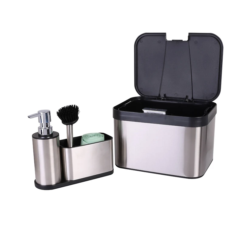 Organize It All Stainless Steel Compost Bin with Bonus Biodegradable Bags, Sink Organizer & Scrub Brush