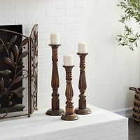 Brown Mango Wood Traditional Candle Holders Set, 18", 21" & 24"