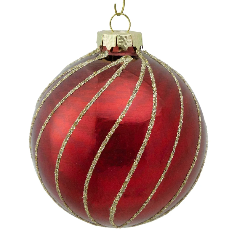 4ct. 3" Burgundy Red and Gold Glitter Striped Glass Christmas Ball Ornaments