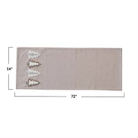 Hello Honey® 72" Natural Brown, Silver & Gold Cotton Chambray Table Runner with Embroidered Tufted Trees & Glass Beads