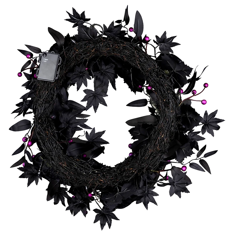 24" Bad to the Bone Black Flower & Skeleton Hand Halloween Pre-Lit LED Wreath