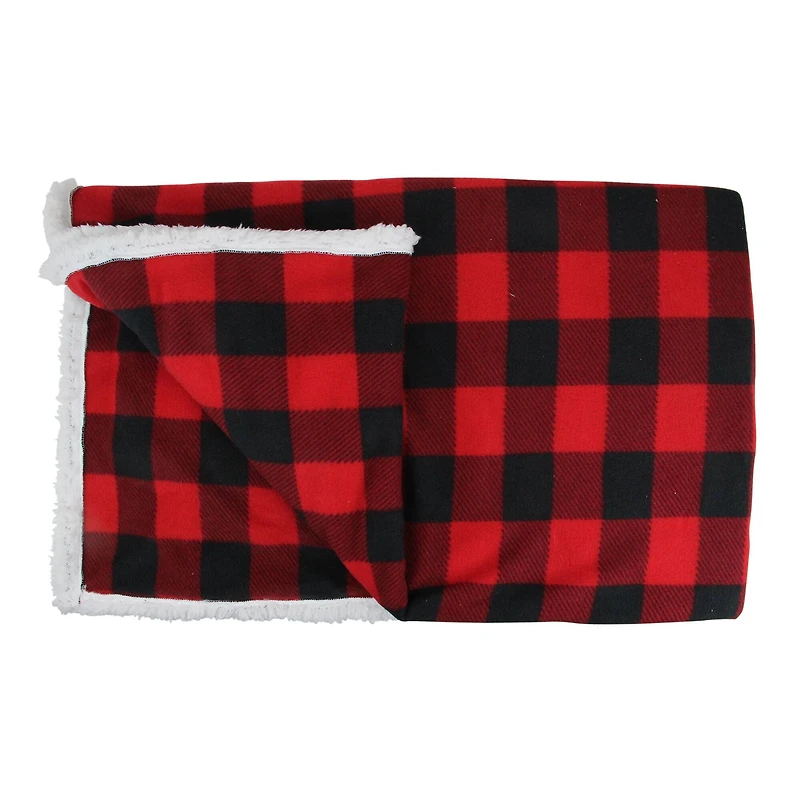 Black & Red Buffalo Plaid Christmas Throw Cover with Sherpa Backing