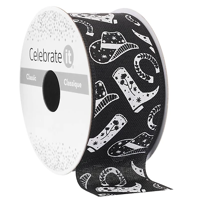1.5" x 3yd. Black & White Western Print Ribbon by Celebrate It™ Classic