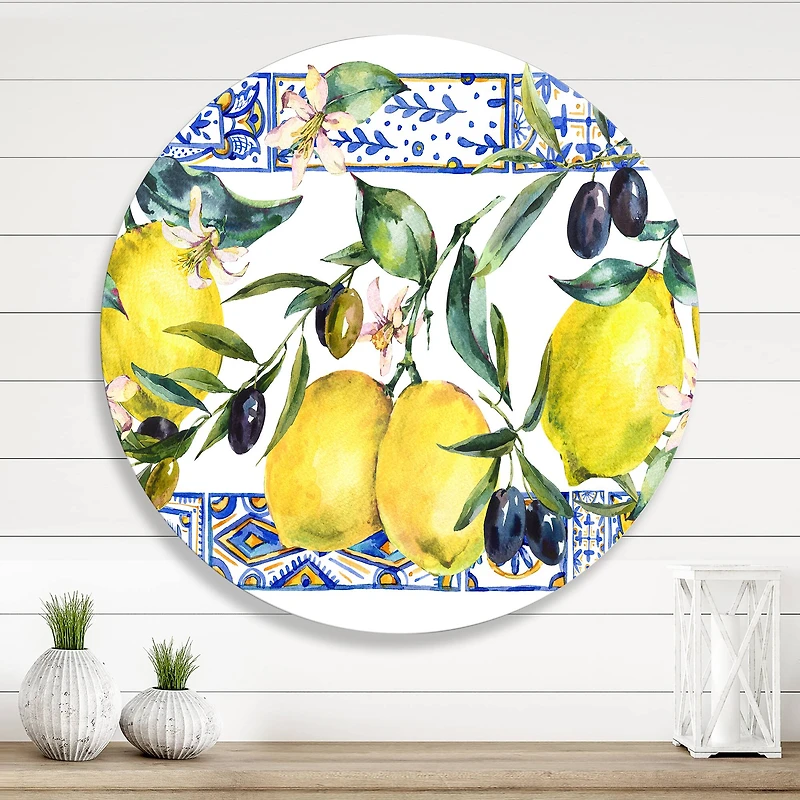 Designart - Lemon Ornament On Blue Geometrical Pattern II