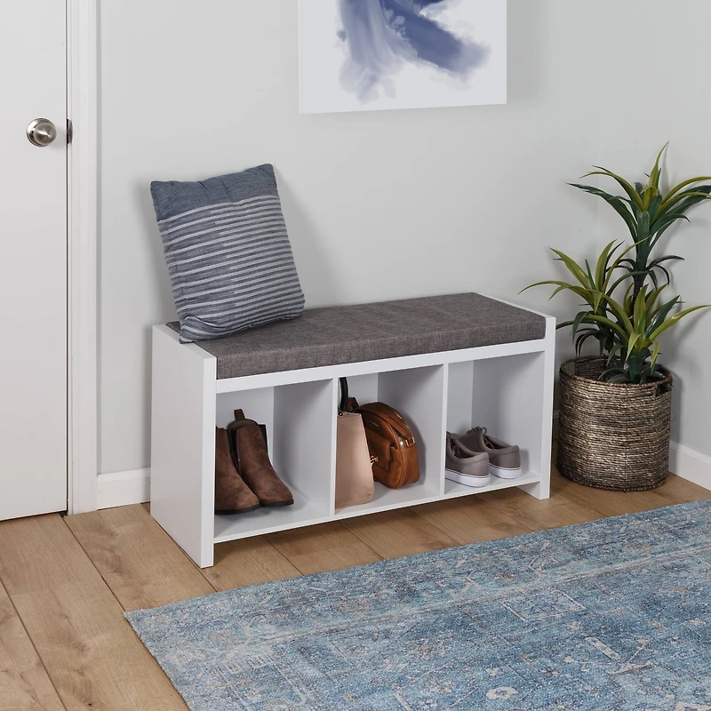 Honey Can Do White Cube Organizer Bench with Shoe Storage and Seat Cushion
