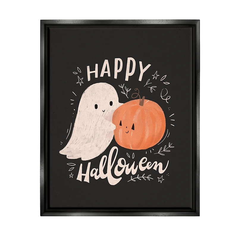Stupell Industries Happy Halloween Smiling Ghost Pumpkin Framed Floater Canvas Wall Art