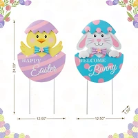 Glitzhome® 24" Easter Metal Bunny & Chick Egg Yard Stake Set