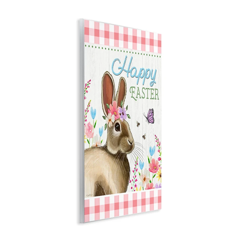 Stupell Industries Happy Easter Floral Gingham Rabbit Wall Plaque Art