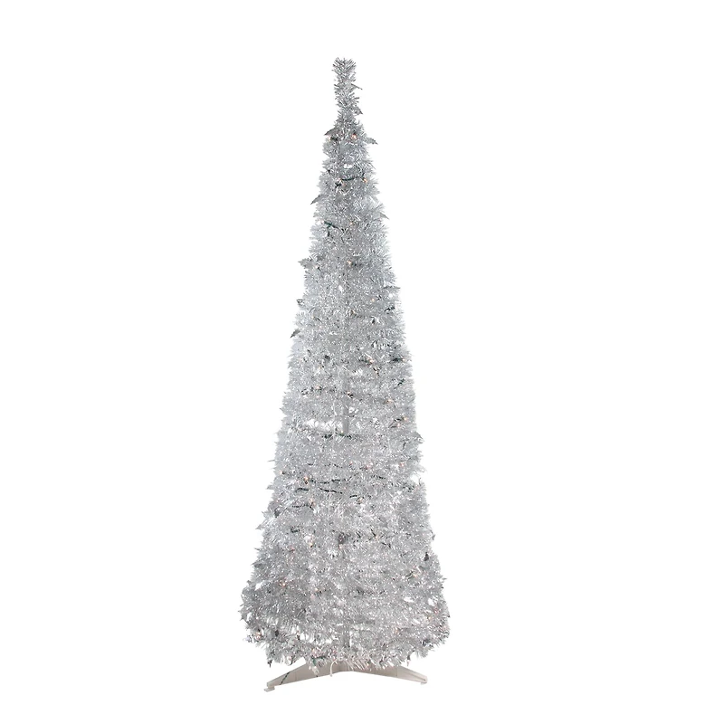 6ft. Pre-Lit Silver Tinsel Pop-Up Artificial Christmas Tree, Clear Lights