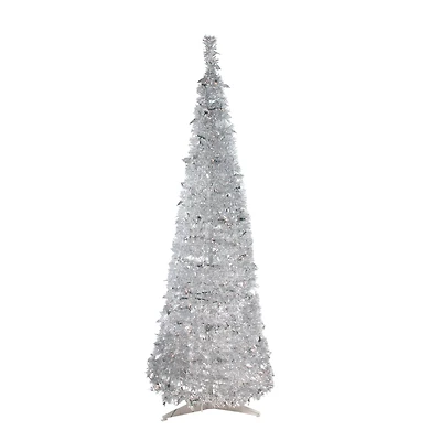6ft. Pre-Lit Silver Tinsel Pop-Up Artificial Christmas Tree, Clear Lights