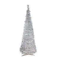 6ft. Pre-Lit Silver Tinsel Pop-Up Artificial Christmas Tree, Clear Lights