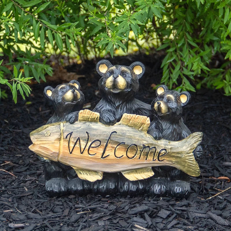 10" Bear Family Trio Welcome Sign Outdoor Garden Statue