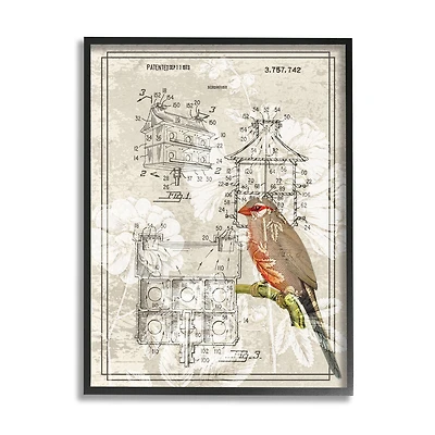 Stupell Industries Vintage Bird House Figure Patent Garden Finch Illustration Framed Wall Art